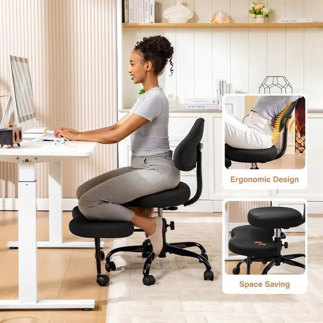 Alt view image 3 of 6 - Cross Legged Office Chair, Criss Cross Desk Chair ADHD Meditation Kneeling Yoga Seat with Adjustable Height, Lumbar Support, Wider Footrest and Wheels (Black)