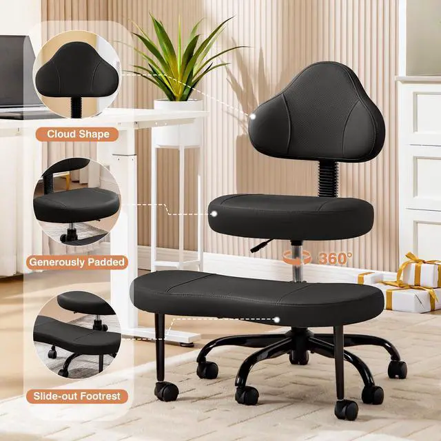 Alt view image 5 of 6 - Cross Legged Office Chair, Criss Cross Desk Chair ADHD Meditation Kneeling Yoga Seat with Adjustable Height, Lumbar Support, Wider Footrest and Wheels (Black)