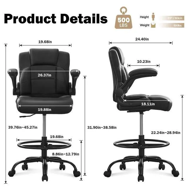 Alt view image 2 of 6 - Ergonomic Drafting Chair,Tall Office Chair for Standing Desk with Flip-Up Armrests,Adjustable Foot Ring & Height, High Leather Executive Office Chair for Home,Drawing or Counter Height Use