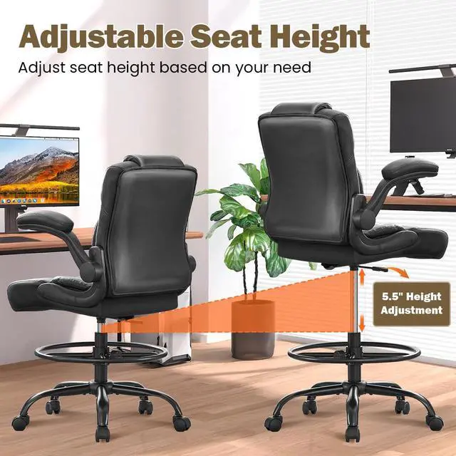 Alt view image 3 of 6 - Ergonomic Drafting Chair,Tall Office Chair for Standing Desk with Flip-Up Armrests,Adjustable Foot Ring & Height, High Leather Executive Office Chair for Home,Drawing or Counter Height Use