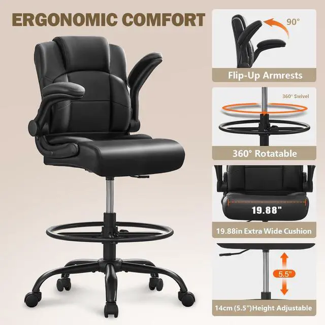 Alt view image 4 of 6 - Ergonomic Drafting Chair,Tall Office Chair for Standing Desk with Flip-Up Armrests,Adjustable Foot Ring & Height, High Leather Executive Office Chair for Home,Drawing or Counter Height Use
