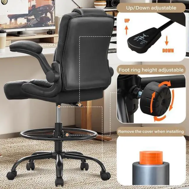 Alt view image 5 of 6 - Ergonomic Drafting Chair,Tall Office Chair for Standing Desk with Flip-Up Armrests,Adjustable Foot Ring & Height, High Leather Executive Office Chair for Home,Drawing or Counter Height Use