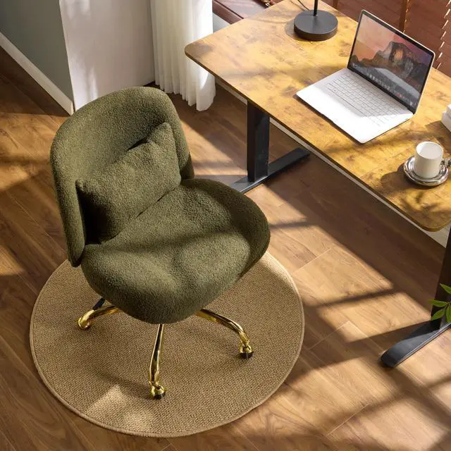 Alt view image 2 of 6 - Wide Criss Cross Legged Office Chair,Buttprint Ergonomic Desk Chair Comfy with Pillow&Gold Base,Dual-Use with/no Wheels,Adjustable Vanity Swivel Chair for Bedroom,Home Office,Teddy Fleece,Green