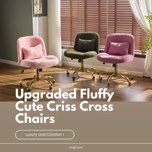Alt view image 6 of 6 - Wide Criss Cross Legged Office Chair,Buttprint Ergonomic Desk Chair Comfy with Pillow&Gold Base,Dual-Use with/no Wheels,Adjustable Vanity Swivel Chair for Bedroom,Home Office,Teddy Fleece,Green