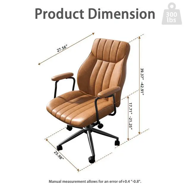 Alt view image 2 of 6 - Brown Leather Office Chair, Mid Century Home Office Desk Chair | Ergonomic Curve Design, Removable Padded Arms, Height Adjustable Swivel Seat & Smooth Wheels, Vintage Mid-Back Computer Chair