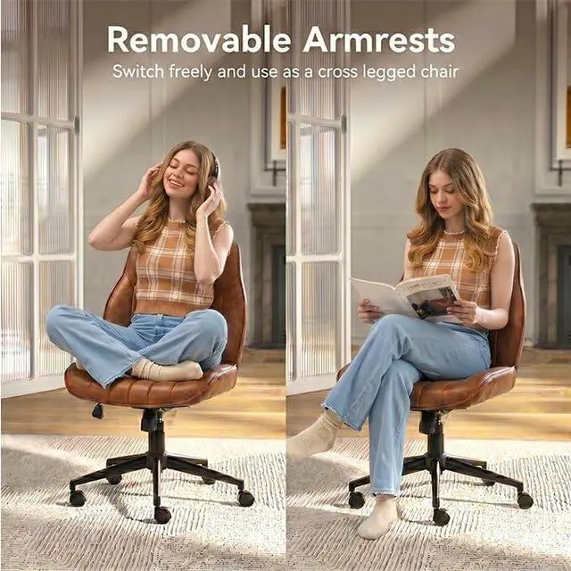Alt view image 4 of 6 - Brown Leather Office Chair, Mid Century Home Office Desk Chair | Ergonomic Curve Design, Removable Padded Arms, Height Adjustable Swivel Seat & Smooth Wheels, Vintage Mid-Back Computer Chair