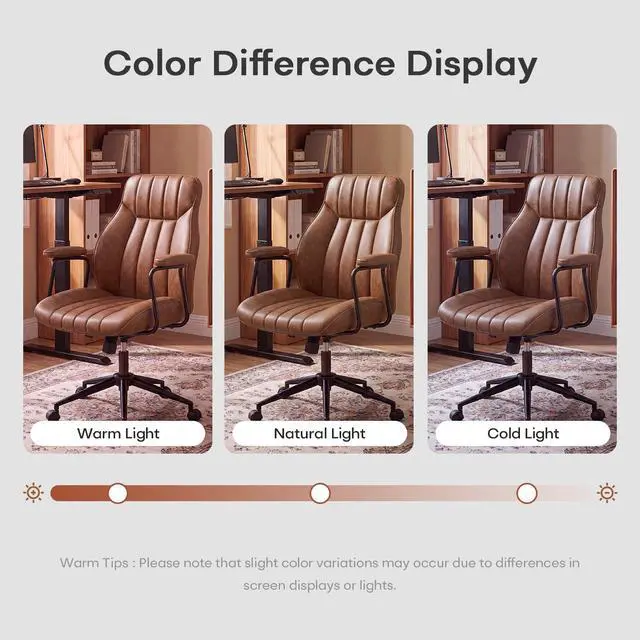 Alt view image 5 of 6 - Brown Leather Office Chair, Mid Century Home Office Desk Chair | Ergonomic Curve Design, Removable Padded Arms, Height Adjustable Swivel Seat & Smooth Wheels, Vintage Mid-Back Computer Chair