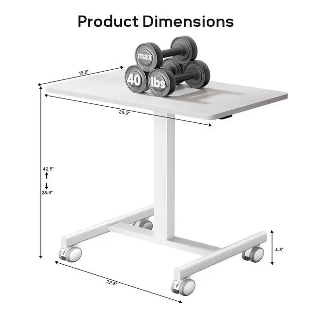 Alt view image 3 of 6 - Mobile Small Standing Rolling Desk Adjustable Height, Portable Laptop Desk on Wheels, Workstation for Home Office with Hook,White