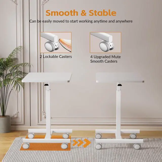 Alt view image 5 of 6 - Mobile Small Standing Rolling Desk Adjustable Height, Portable Laptop Desk on Wheels, Workstation for Home Office with Hook,White