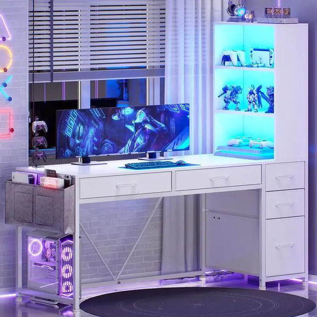 Main image of Computer Desk with 5 Drawers and Bookshelf, Reversible Home Office Desk with Storage Shelves and File Drawer, Gaming Desk with LED Lights for Small Spaces, White
