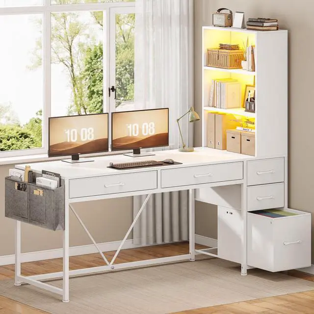 Alt view image 3 of 6 - Computer Desk with 5 Drawers and Bookshelf, Reversible Home Office Desk with Storage Shelves and File Drawer, Gaming Desk with LED Lights for Small Spaces, White