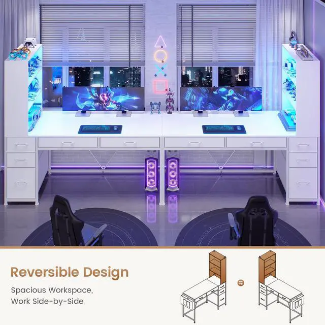 Alt view image 4 of 6 - Computer Desk with 5 Drawers and Bookshelf, Reversible Home Office Desk with Storage Shelves and File Drawer, Gaming Desk with LED Lights for Small Spaces, White