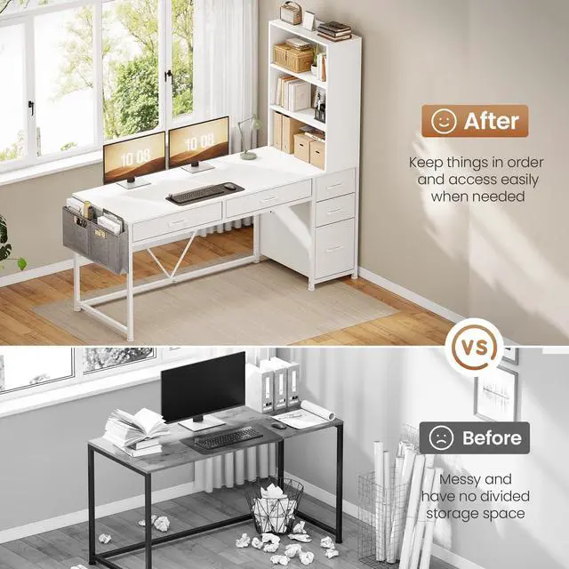 Alt view image 5 of 6 - Computer Desk with 5 Drawers and Bookshelf, Reversible Home Office Desk with Storage Shelves and File Drawer, Gaming Desk with LED Lights for Small Spaces, White