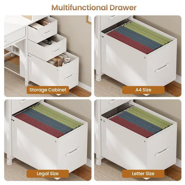 Alt view image 6 of 6 - Computer Desk with 5 Drawers and Bookshelf, Reversible Home Office Desk with Storage Shelves and File Drawer, Gaming Desk with LED Lights for Small Spaces, White