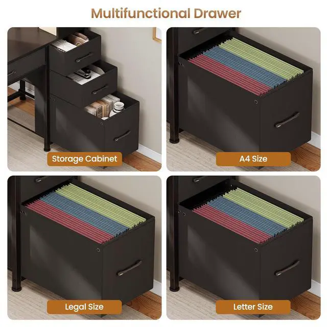 Alt view image 6 of 6 - Computer Gaming Desk with 5 Drawers and Bookshelf, Reversible Home Office Desk with Storage Shelves and File Drawer, Corner Desk with LED Lights for Small Spaces, Black