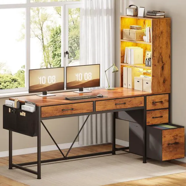 Main image of Computer Desk with 5 Drawers and Bookshelf, Reversible Home Office Desk with Storage Shelves and File Drawer, Gaming Corner Desk with LED Lights for Small Spaces, Rustic Brown