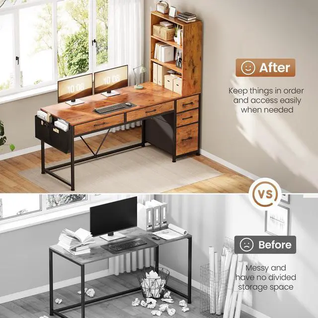 Alt view image 3 of 6 - Computer Desk with 5 Drawers and Bookshelf, Reversible Home Office Desk with Storage Shelves and File Drawer, Gaming Corner Desk with LED Lights for Small Spaces, Rustic Brown