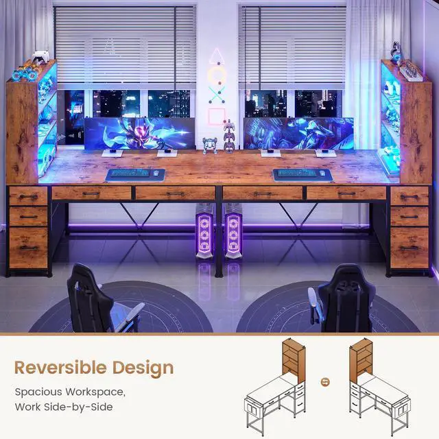 Alt view image 4 of 6 - Computer Desk with 5 Drawers and Bookshelf, Reversible Home Office Desk with Storage Shelves and File Drawer, Gaming Corner Desk with LED Lights for Small Spaces, Rustic Brown