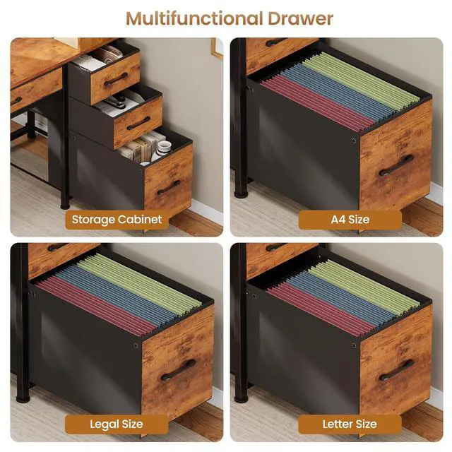 Alt view image 5 of 6 - Computer Desk with 5 Drawers and Bookshelf, Reversible Home Office Desk with Storage Shelves and File Drawer, Gaming Corner Desk with LED Lights for Small Spaces, Rustic Brown