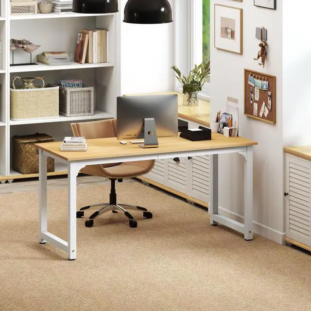 Alt view image 4 of 6 - Modern Computer Desk 63 Inch Large Office Desk, Writing Study Table for Home Office Desk Workstation Wide Metal Sturdy Frame Thicker Steel Legs, White