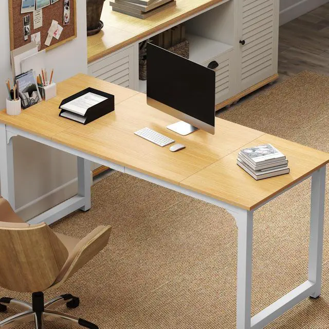 Alt view image 6 of 6 - Modern Computer Desk 63 Inch Large Office Desk, Writing Study Table for Home Office Desk Workstation Wide Metal Sturdy Frame Thicker Steel Legs, White