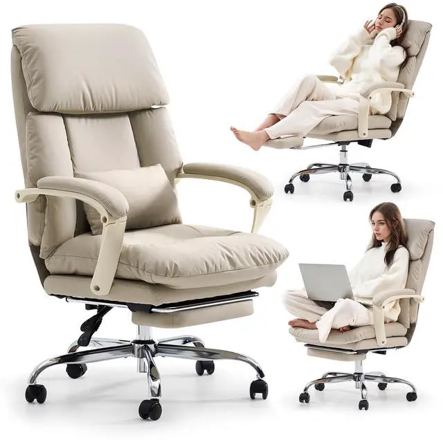 Main image of Office Chair with Foot Rest Executive Office Chair, PU Leather, Beige | Ergonomic Reclining Office Chair High Back Comfy Swivel Computer Desk Chairs with Wheels and Lumbar Support for Home Office