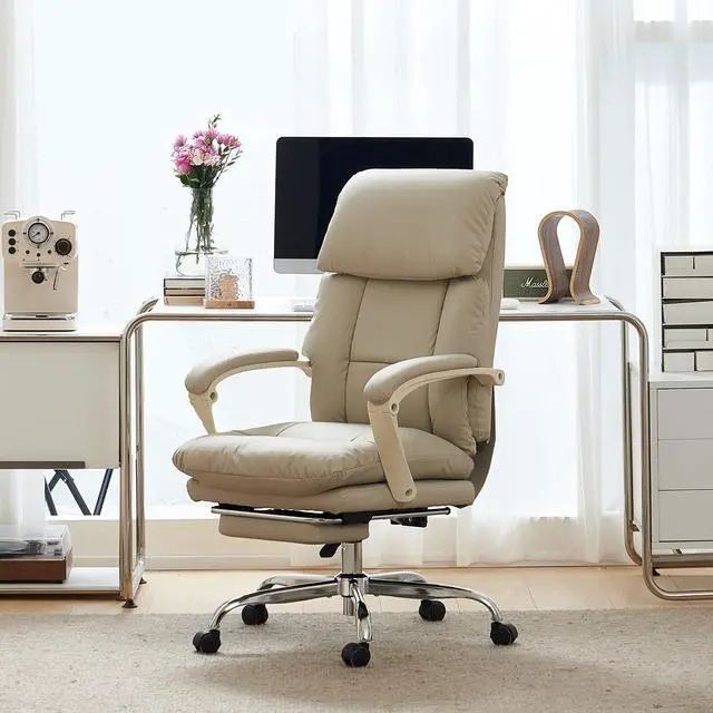 Alt view image 2 of 6 - Office Chair with Foot Rest Executive Office Chair, PU Leather, Beige | Ergonomic Reclining Office Chair High Back Comfy Swivel Computer Desk Chairs with Wheels and Lumbar Support for Home Office