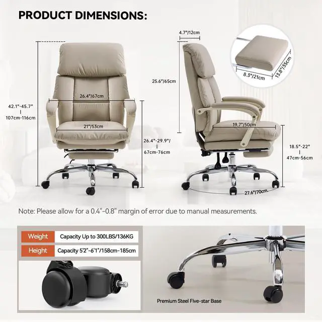 Alt view image 3 of 6 - Office Chair with Foot Rest Executive Office Chair, PU Leather, Beige | Ergonomic Reclining Office Chair High Back Comfy Swivel Computer Desk Chairs with Wheels and Lumbar Support for Home Office