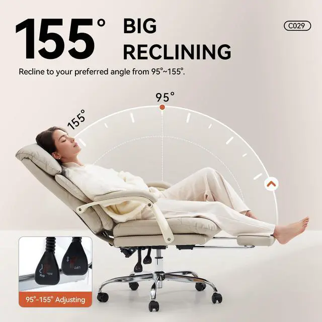 Alt view image 4 of 6 - Office Chair with Foot Rest Executive Office Chair, PU Leather, Beige | Ergonomic Reclining Office Chair High Back Comfy Swivel Computer Desk Chairs with Wheels and Lumbar Support for Home Office