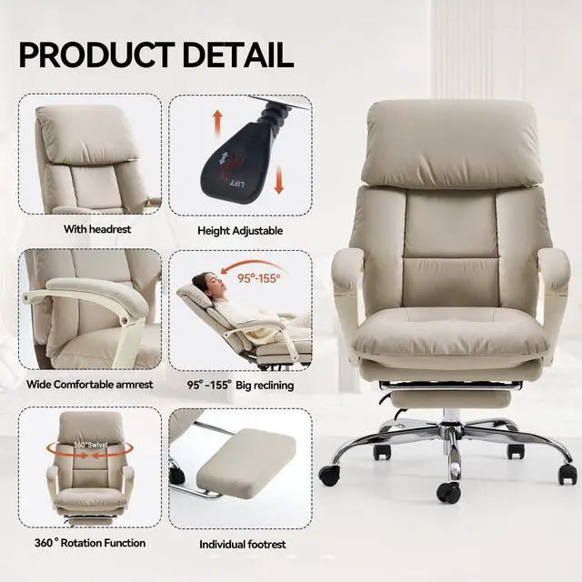 Alt view image 5 of 6 - Office Chair with Foot Rest Executive Office Chair, PU Leather, Beige | Ergonomic Reclining Office Chair High Back Comfy Swivel Computer Desk Chairs with Wheels and Lumbar Support for Home Office