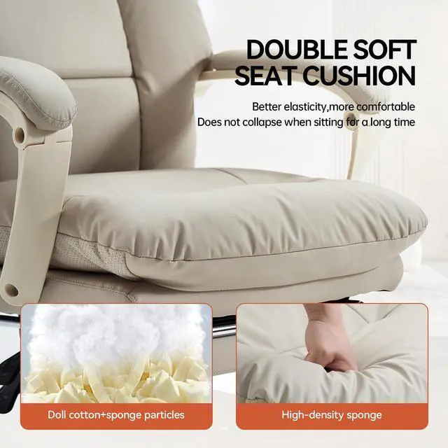 Alt view image 6 of 6 - Office Chair with Foot Rest Executive Office Chair, PU Leather, Beige | Ergonomic Reclining Office Chair High Back Comfy Swivel Computer Desk Chairs with Wheels and Lumbar Support for Home Office