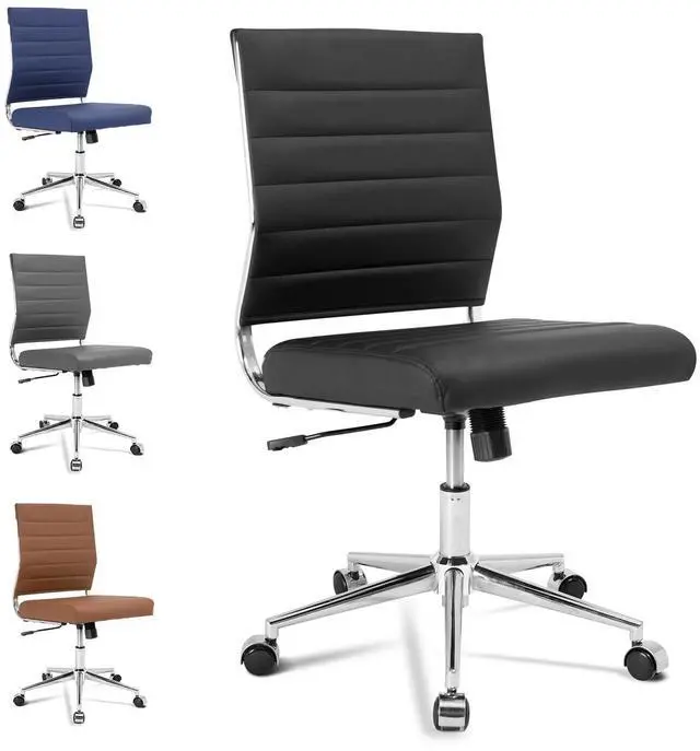 Main image of Armless Office Desk Chair, Mid Back Ergonomic Swivel Conference Room Chair, Adjustable Height PU Leather Home Desk Chair, Modern Small Rolling Computer Task Chair, Black