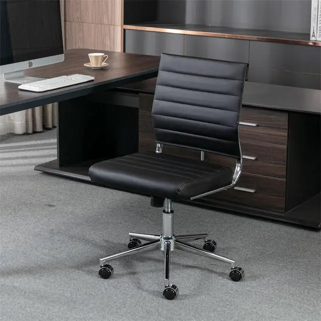 Alt view image 4 of 6 - Armless Office Desk Chair, Mid Back Ergonomic Swivel Conference Room Chair, Adjustable Height PU Leather Home Desk Chair, Modern Small Rolling Computer Task Chair, Black