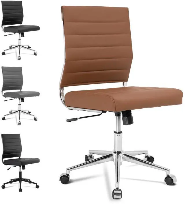 Main image of Brown Armless Office Desk Chair, Mid Back Ergonomic Swivel Conference Room Chairs, Adjustable Height PU Leather Home Desk Chair, Modern Small Rolling Computer Task Chair