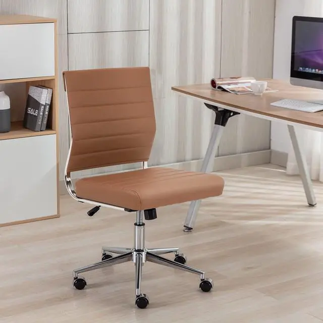 Alt view image 2 of 6 - Brown Armless Office Desk Chair, Mid Back Ergonomic Swivel Conference Room Chairs, Adjustable Height PU Leather Home Desk Chair, Modern Small Rolling Computer Task Chair