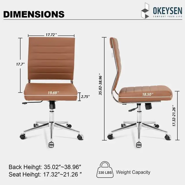 Alt view image 3 of 6 - Brown Armless Office Desk Chair, Mid Back Ergonomic Swivel Conference Room Chairs, Adjustable Height PU Leather Home Desk Chair, Modern Small Rolling Computer Task Chair