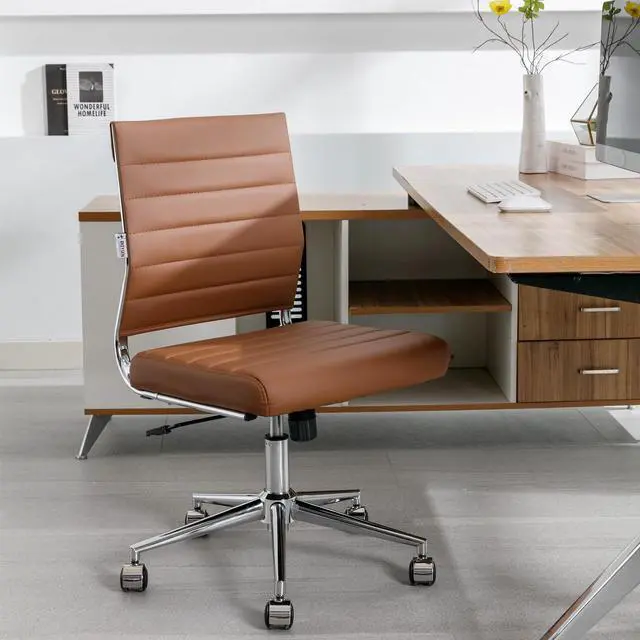 Alt view image 4 of 6 - Brown Armless Office Desk Chair, Mid Back Ergonomic Swivel Conference Room Chairs, Adjustable Height PU Leather Home Desk Chair, Modern Small Rolling Computer Task Chair