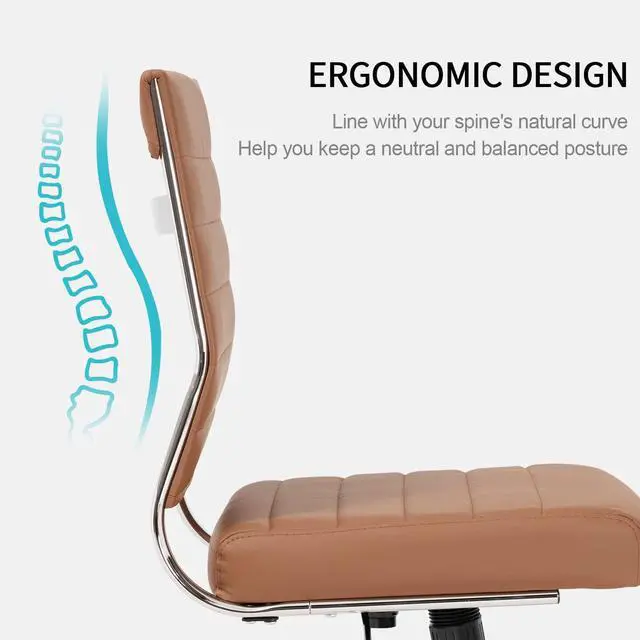 Alt view image 5 of 6 - Brown Armless Office Desk Chair, Mid Back Ergonomic Swivel Conference Room Chairs, Adjustable Height PU Leather Home Desk Chair, Modern Small Rolling Computer Task Chair