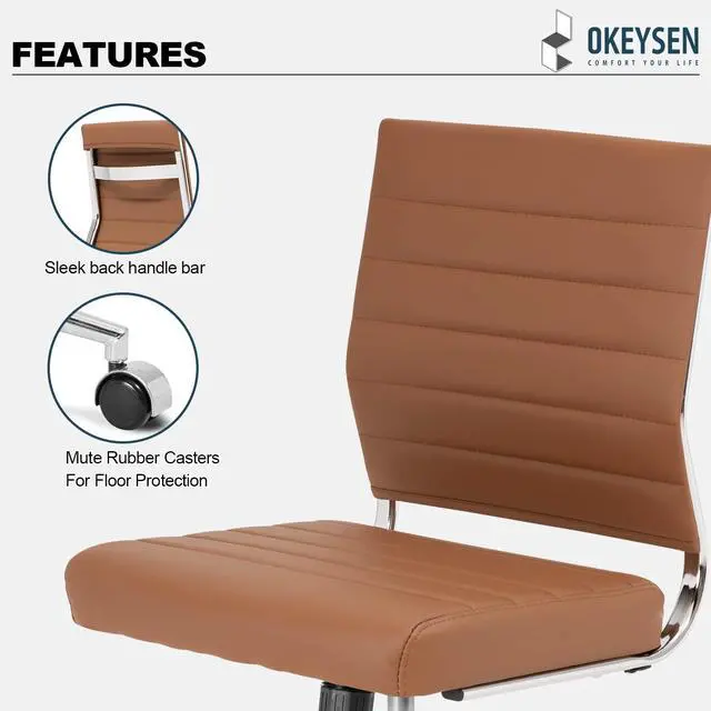 Alt view image 6 of 6 - Brown Armless Office Desk Chair, Mid Back Ergonomic Swivel Conference Room Chairs, Adjustable Height PU Leather Home Desk Chair, Modern Small Rolling Computer Task Chair
