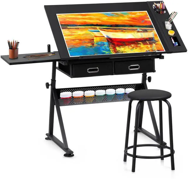 Main image of Adjustable Drafting Table with Stool, Tilting Drawing Desk Artist Table with Storage Drawers, Art Craft Workstation for Home Office Reading, Writing, Crafting