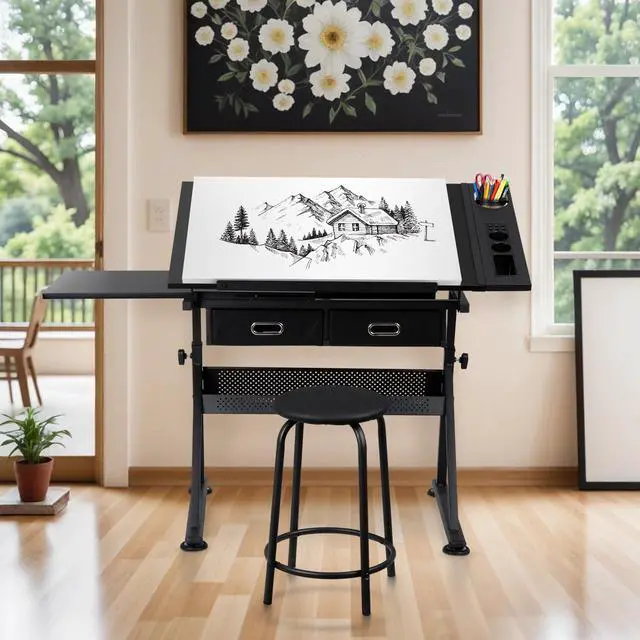 Alt view image 2 of 6 - Adjustable Drafting Table with Stool, Tilting Drawing Desk Artist Table with Storage Drawers, Art Craft Workstation for Home Office Reading, Writing, Crafting