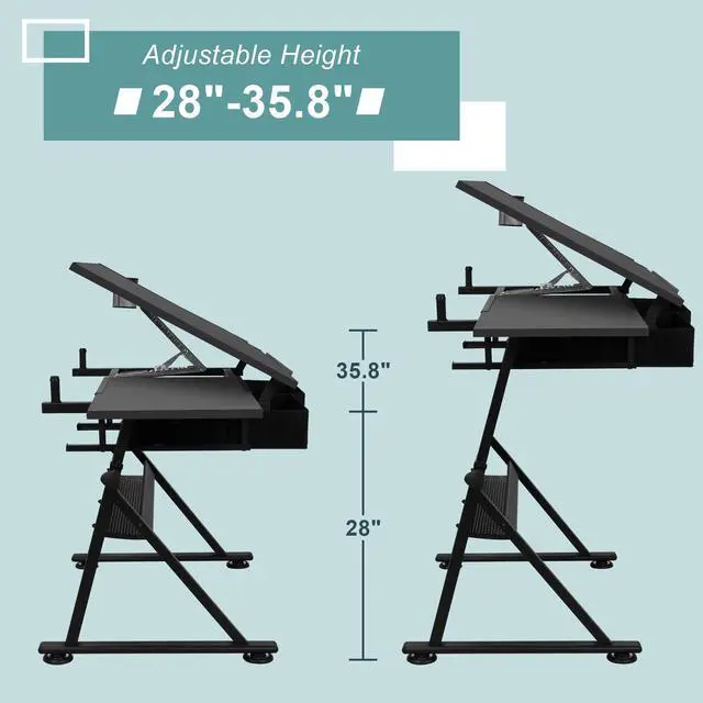 Alt view image 3 of 6 - Adjustable Drafting Table with Stool, Tilting Drawing Desk Artist Table with Storage Drawers, Art Craft Workstation for Home Office Reading, Writing, Crafting