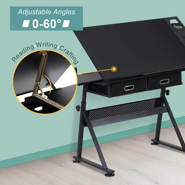 Alt view image 4 of 6 - Adjustable Drafting Table with Stool, Tilting Drawing Desk Artist Table with Storage Drawers, Art Craft Workstation for Home Office Reading, Writing, Crafting