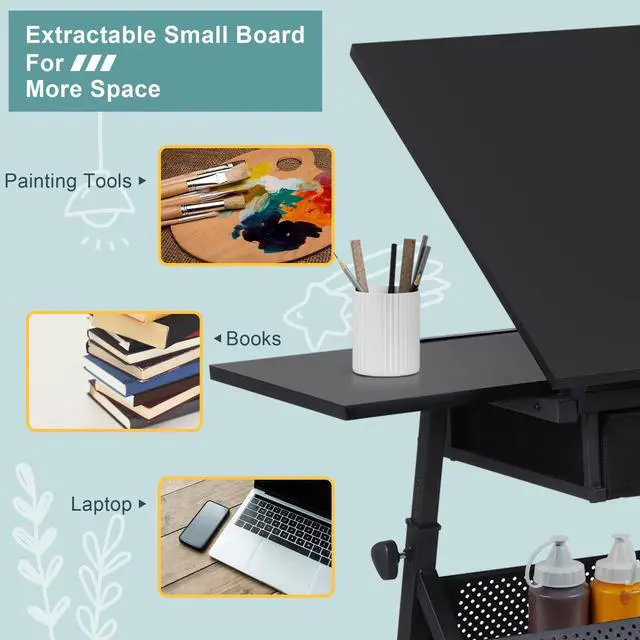 Alt view image 5 of 6 - Adjustable Drafting Table with Stool, Tilting Drawing Desk Artist Table with Storage Drawers, Art Craft Workstation for Home Office Reading, Writing, Crafting
