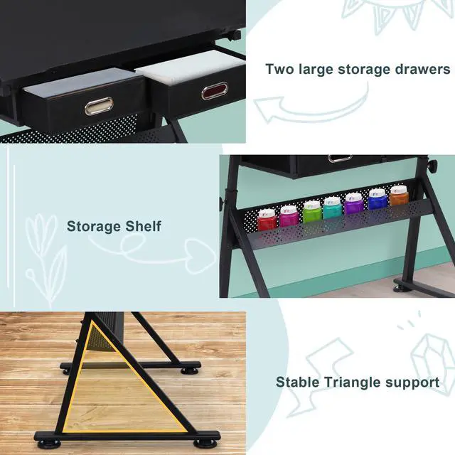 Alt view image 6 of 6 - Adjustable Drafting Table with Stool, Tilting Drawing Desk Artist Table with Storage Drawers, Art Craft Workstation for Home Office Reading, Writing, Crafting