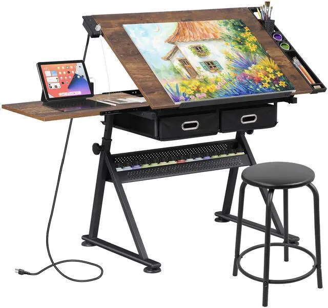 Main image of Adjustable Drafting Table with Stool, Tilting Drawing Desk Artist Table with Storage Drawers, Art Craft Workstation for Home Office Reading, Writing, Crafting