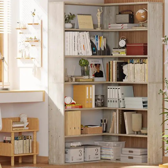 Alt view image 6 of 6 - Bookshelves 6 Tiers with Baffles Industrial Large Corner Etagere Bookcase Storage Display Rack for Living Room Home Office