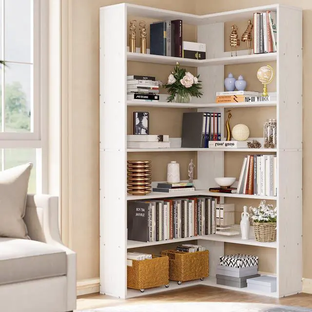 Alt view image 2 of 6 - Bookshelves 6 Tiers with Baffles Industrial Large Corner Etagere Bookcase Storage Display Rack for Living Room Home Office
