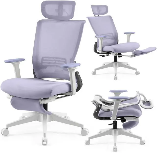 Main image of Foldable Office Chair with Foot Rest, Ergonomic Office Chair with Adjustable Lumbar Support, Headrest, Armrest, Home Office Desk Chair for Space Saving, Work from Home, Purple