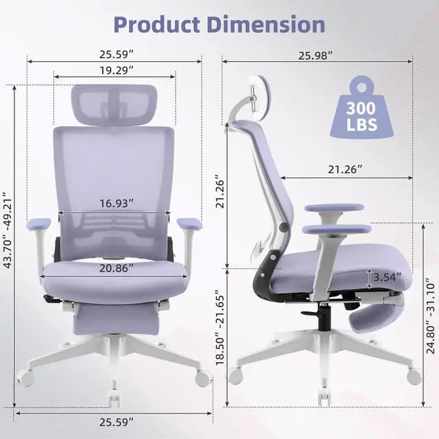 Alt view image 3 of 6 - Foldable Office Chair with Foot Rest, Ergonomic Office Chair with Adjustable Lumbar Support, Headrest, Armrest, Home Office Desk Chair for Space Saving, Work from Home, Purple